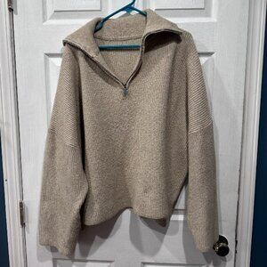 Tan Ribbed Quarter-Zip Sweater – Slightly Cropped – Loose Fit